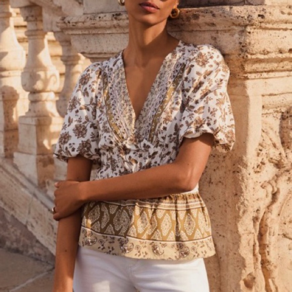 Loft Bohemian Mixed-Pattern Peplum Blouse Size M - Picture 3 of 10